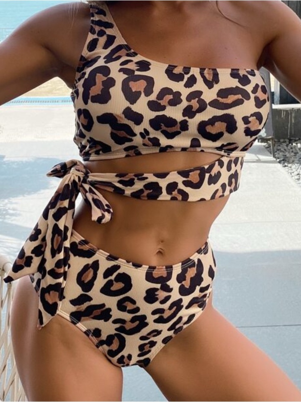Leopard print one shoulder wrap bikini size large